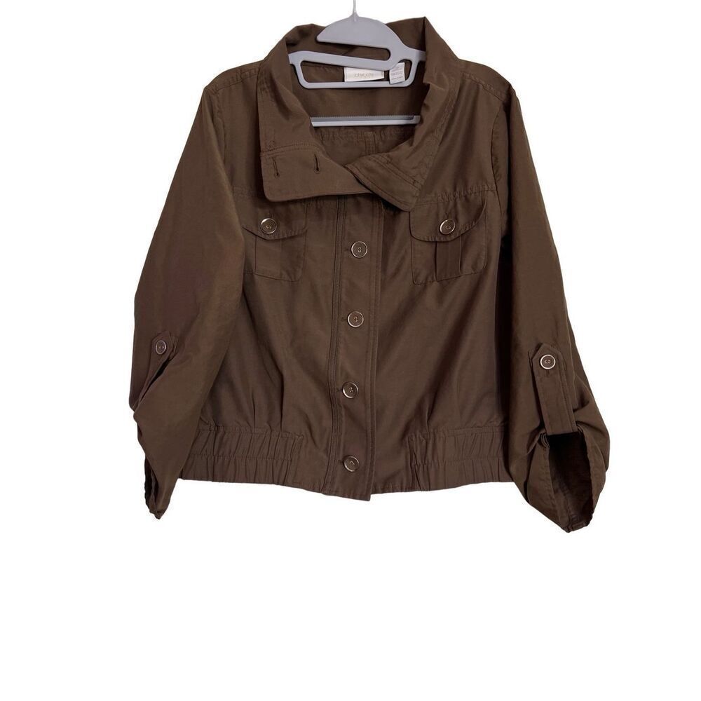 Chico's Top Womens Size 2 Large US 12 Brown Roll Tab Sleeve Button-Up Jacket